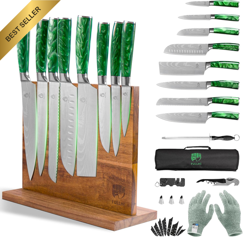 15Pcs Japanese Knife Set w/ Magnetic Block Holder Stainless Steel Green Resin