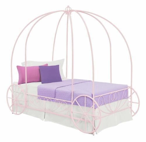 Girls Pink Twin Size Metal Canopy Bed Frame Princess Carriag