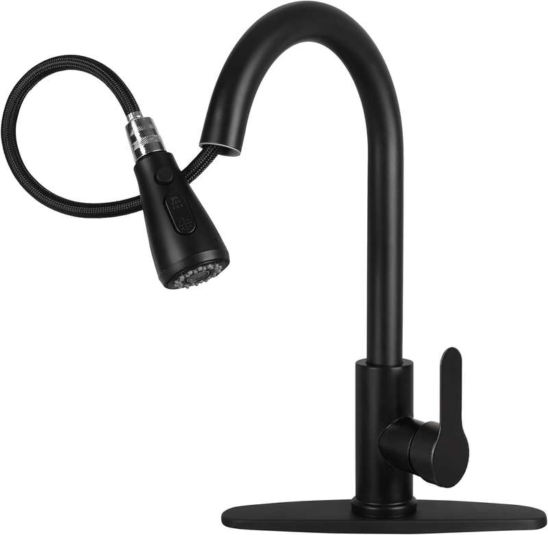 Kitchen Sink Faucet with Pull down Sprayer with Deck Plate Home Handle Stainless Steel 360 High Arc Swivel Efficient Cleaning Brushed Out Kitchens Tap Faucets (Matte Black)