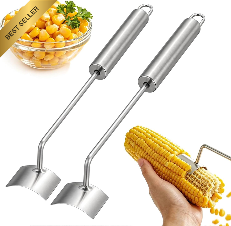 2 Pack Stainless Steel Corn Peeler Long Handle Corn Cob Stripper with Hook