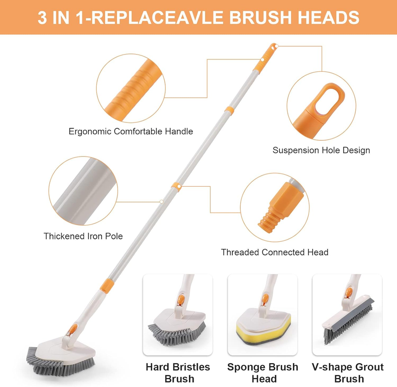 3 in 1 Shower Scrubber Cleaning Brush with 50'' Long Handle,  Tub & Tile Grout B