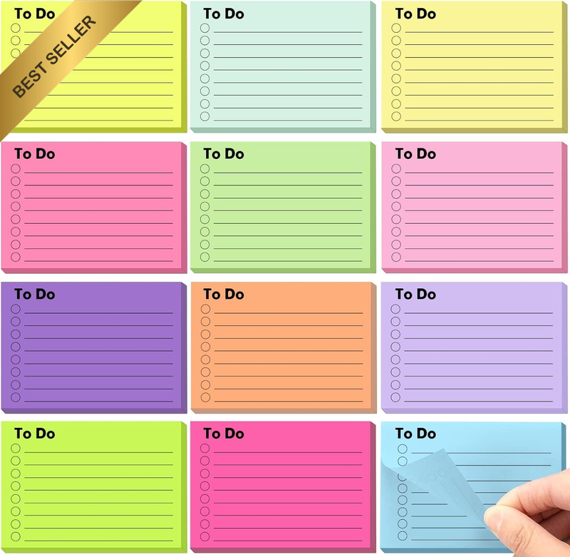 To Do List Sticky Notes, 600 Sheets of 3X4 Inch Lined Post Notes, 12 Colours Pos