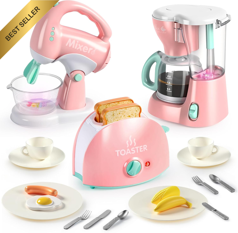 Play Kitchen Toys, Play Kitchen Appliances Toy Set with Coffee Maker, Mixer, Toa
