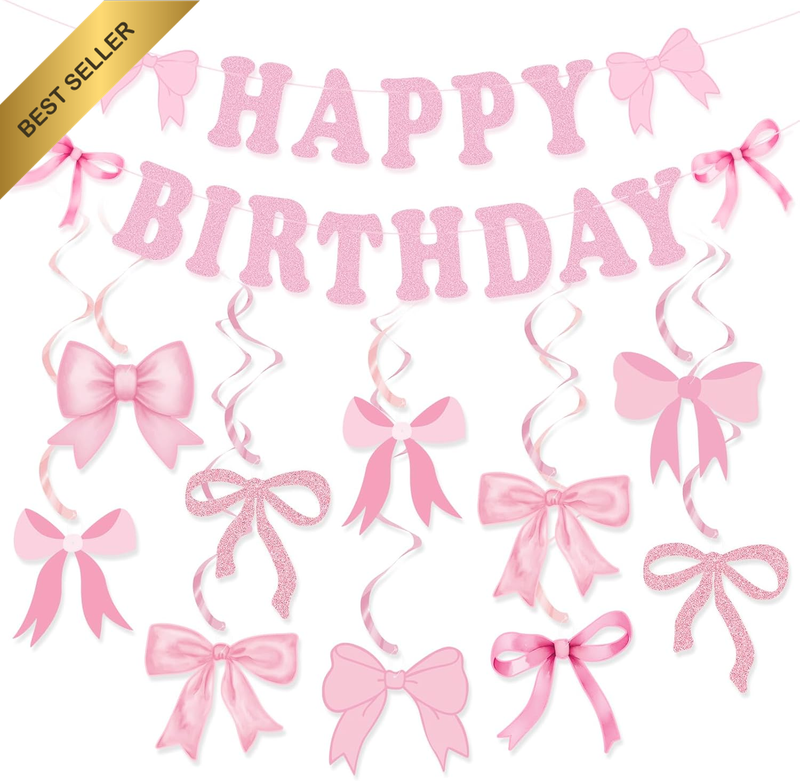 Bow Birthday Party Decorations, Pink Bow Birthday Banner Bow Party Hanging Swirl
