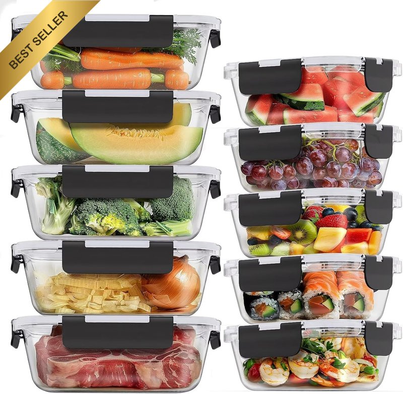 10PK Glass Food Storage Containers Meal Prep Snap Lock Lids Lunch Box