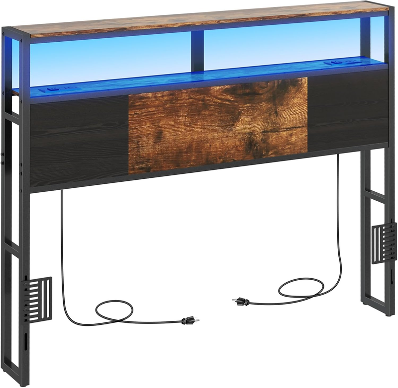 Rustic Brown Full Size Headboard with USB, LED Light & 2-Tier Storage Shelf