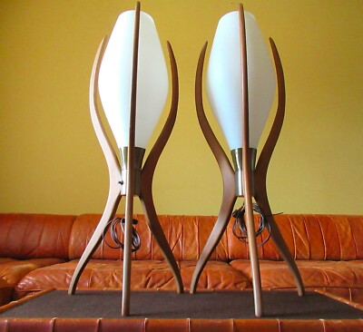 Pair Mid Century Modern Rocket Lamps Atomic Adrian Pearsall Era Danish Wood MCM