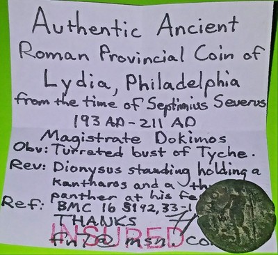 Lydia Philadelphia 193 AD ancient Roman Coin countermark Dionysus kantharos rare