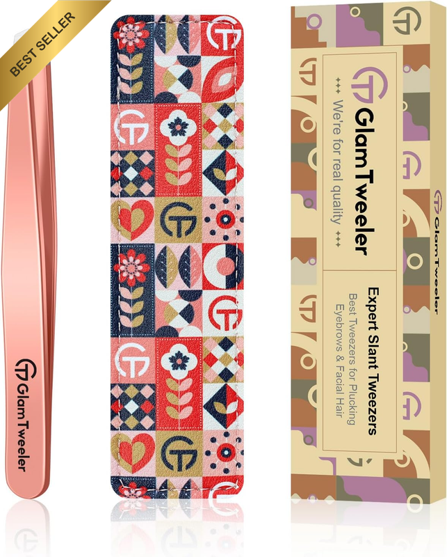 Expert Slant Tip Tweezers with Leather Case,  Sharp & Precision Stainless Steel