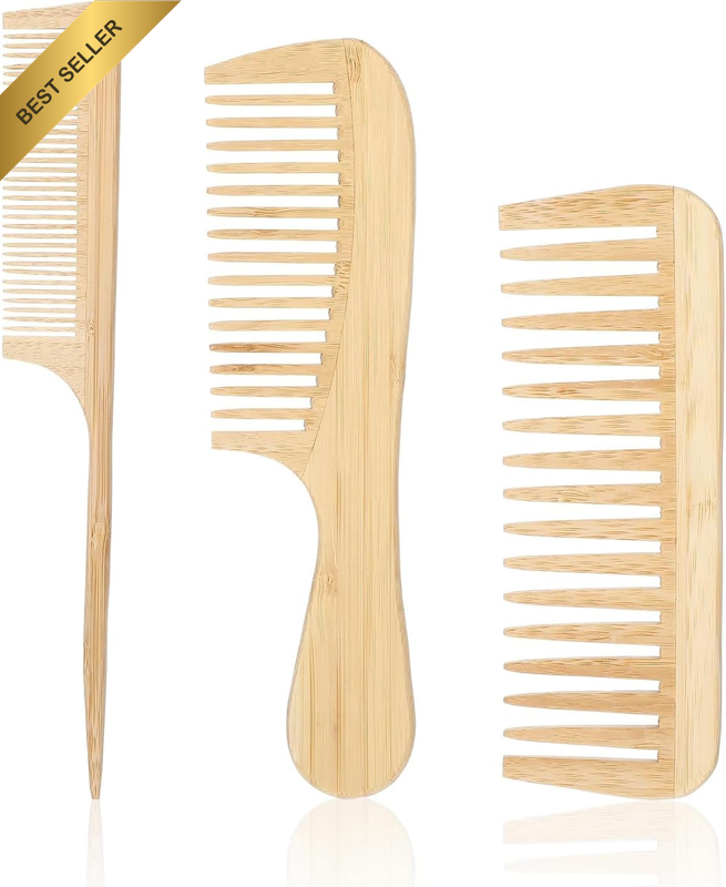 3Pcs Bamboo Combs Natural Wooden Comb Set, Natural Handmade Bamboo Anti-Static C
