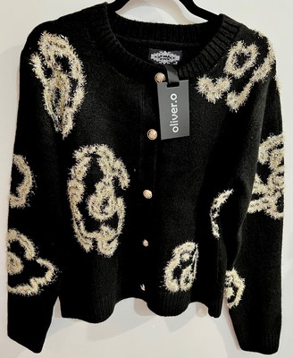 Oliver. O Women s XL Cardigan Button-Down SWEATER Black Raised Gold Flowers NWT
