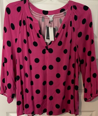 Crown & Ivy Womens XL Pink/Navy Polka  Dot 3/4 Sleeve Peasant Blouse V-Neck NWT