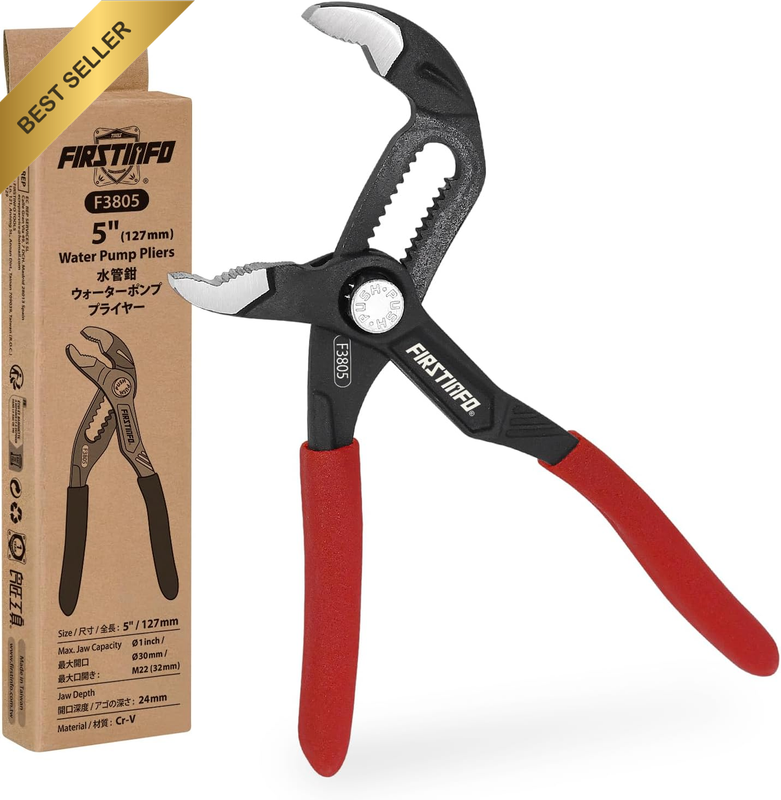 5-Inch Water Pump Pliers, Taiwan Chrome Vanadium Steel Constructions, V-Jaw Quic