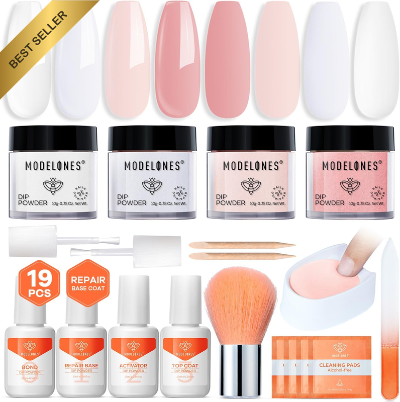 Dip Powder Nail Kit Starter, 4 Colors Nude White Pink Dipping Powder Repair Liqu