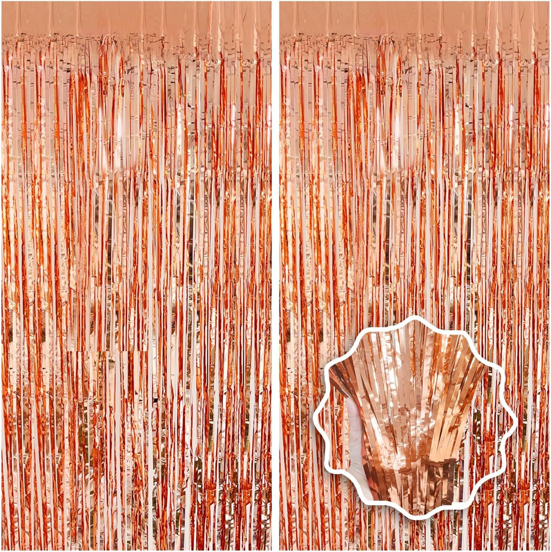 Rose Gold Birthday Party Decorations Foil Fringe Backdrop Curtain 2 Pack 3.3X8.2