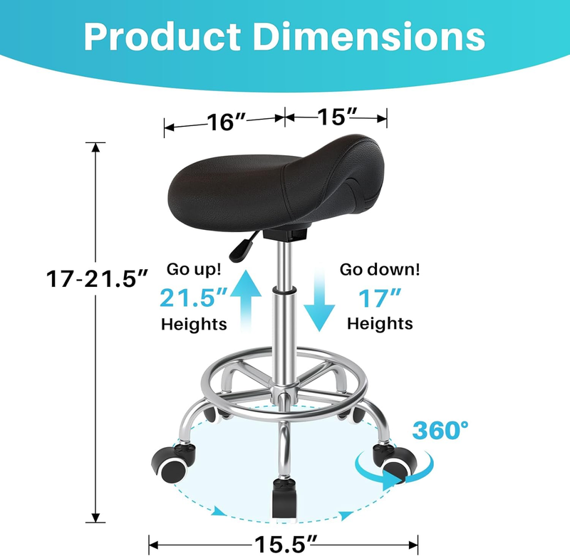 Ergonomic Saddle Stool with Wheels Adjustable - Comfortable Thick Saddle Seat Cu