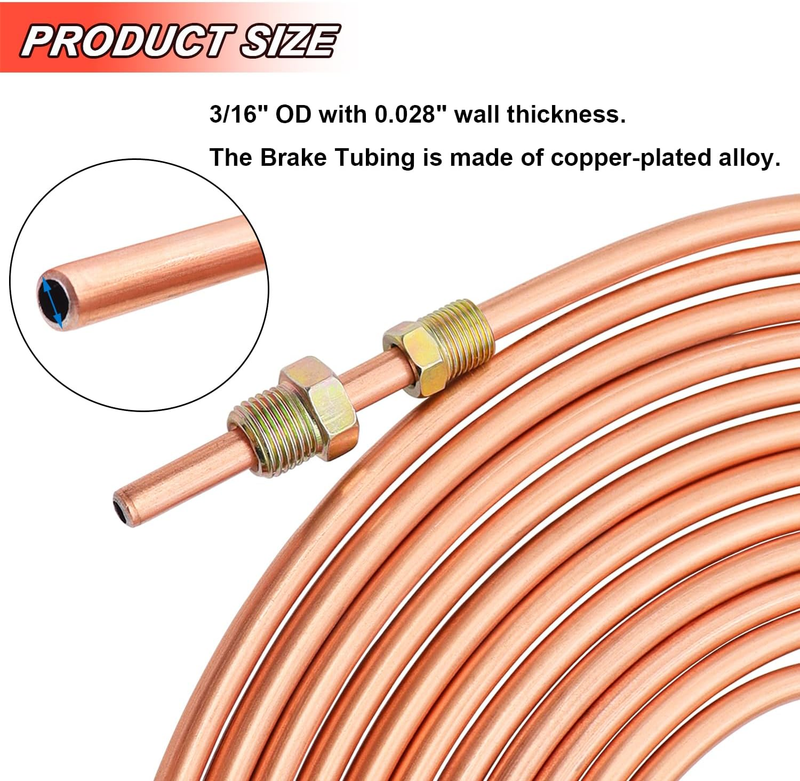 3/16" 25 Ft Brake Line Tubing Kit, 3/16 Copper Coated Flexible Tube (Includes 16
