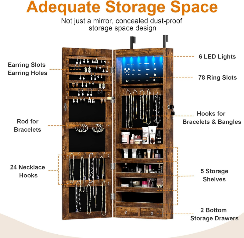 Lockable Wooden Jewelry Cabinet Mirror Cabinet Chest Armoire Wardrobe Storage Or