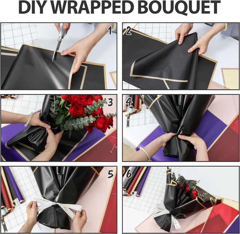 20 Sheets Flower Wrapping Paper Waterproof Floral Bouquet Wrapping Paper Black