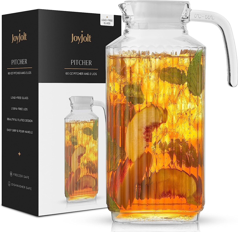 60Oz Glass Pitcher with Lid (2 Lids) - Beverage Serveware and Storage Container