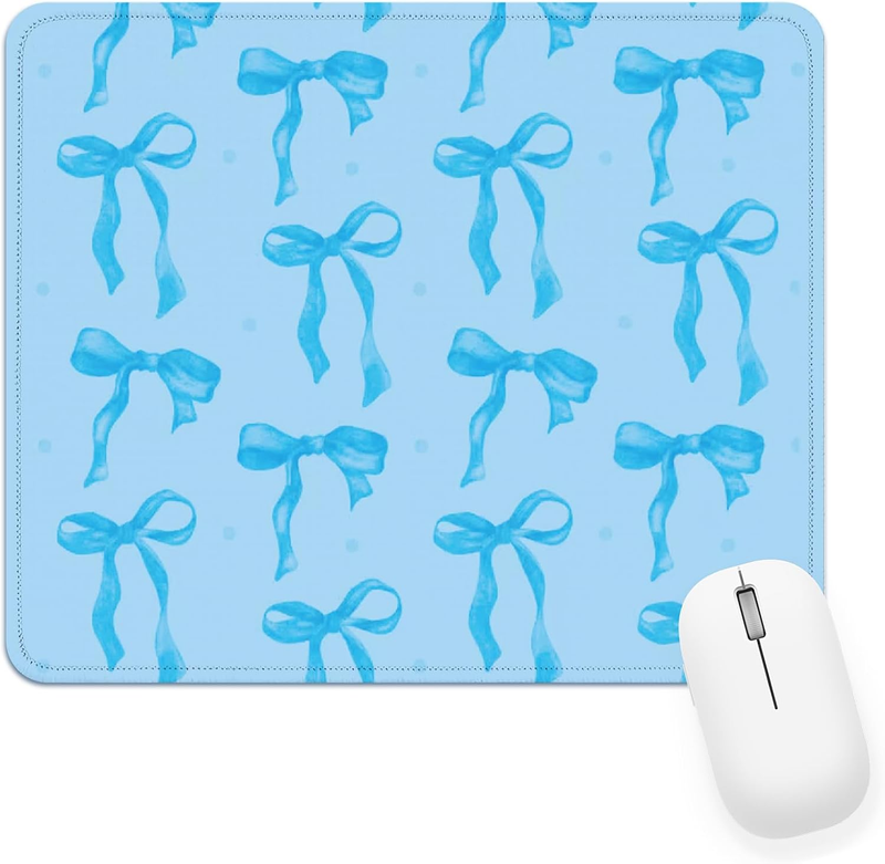 Blue Bow Mouse Pad with Stitched Edge, Blue Mouse Pad for Computer Laptop Non-Sl