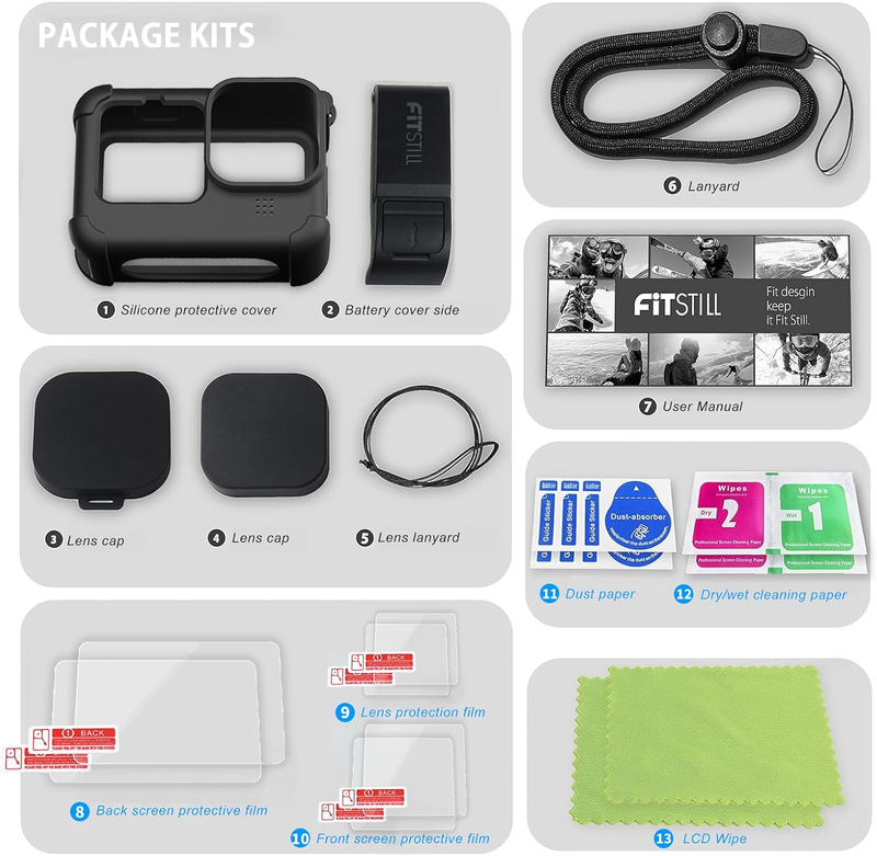 Black Silicone Sleeve Protective Case for Go Pro Hero 12/11/10/9 Black,Battery S