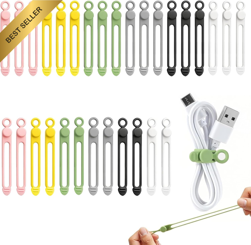 30 Pcs Silicone Cable Ties Cord Organiser for Bundling Earphone, Phone Charger,