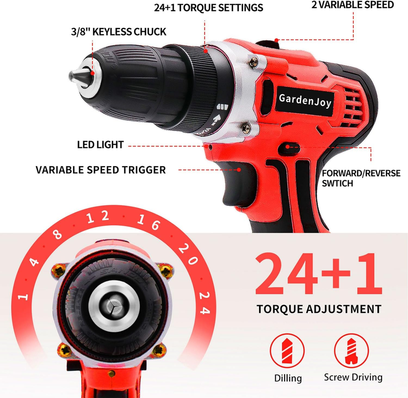 Gardenjoy 85 Piece Home Tool Kit with 12V Cordless Electric Drill Driver and Bat