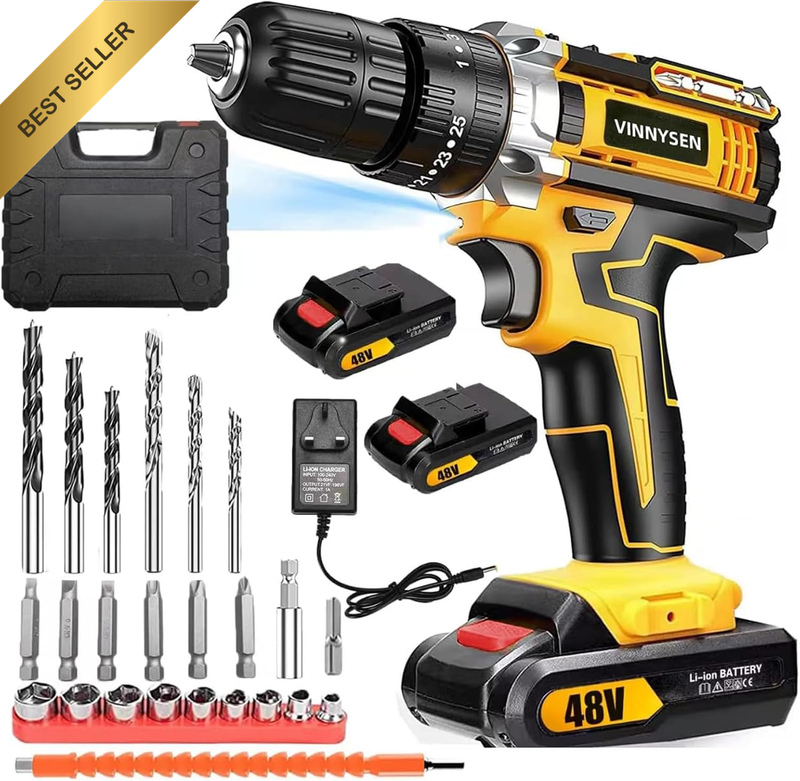 48V Cordless Drill, 3/8 Inch Power Drill Set with 2 Lithium Ion Battery and Char