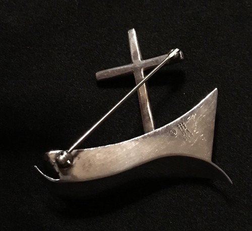 James Avery Retired Rare Boat Ship And Cross On Water Pin Brooch Sterling Silver