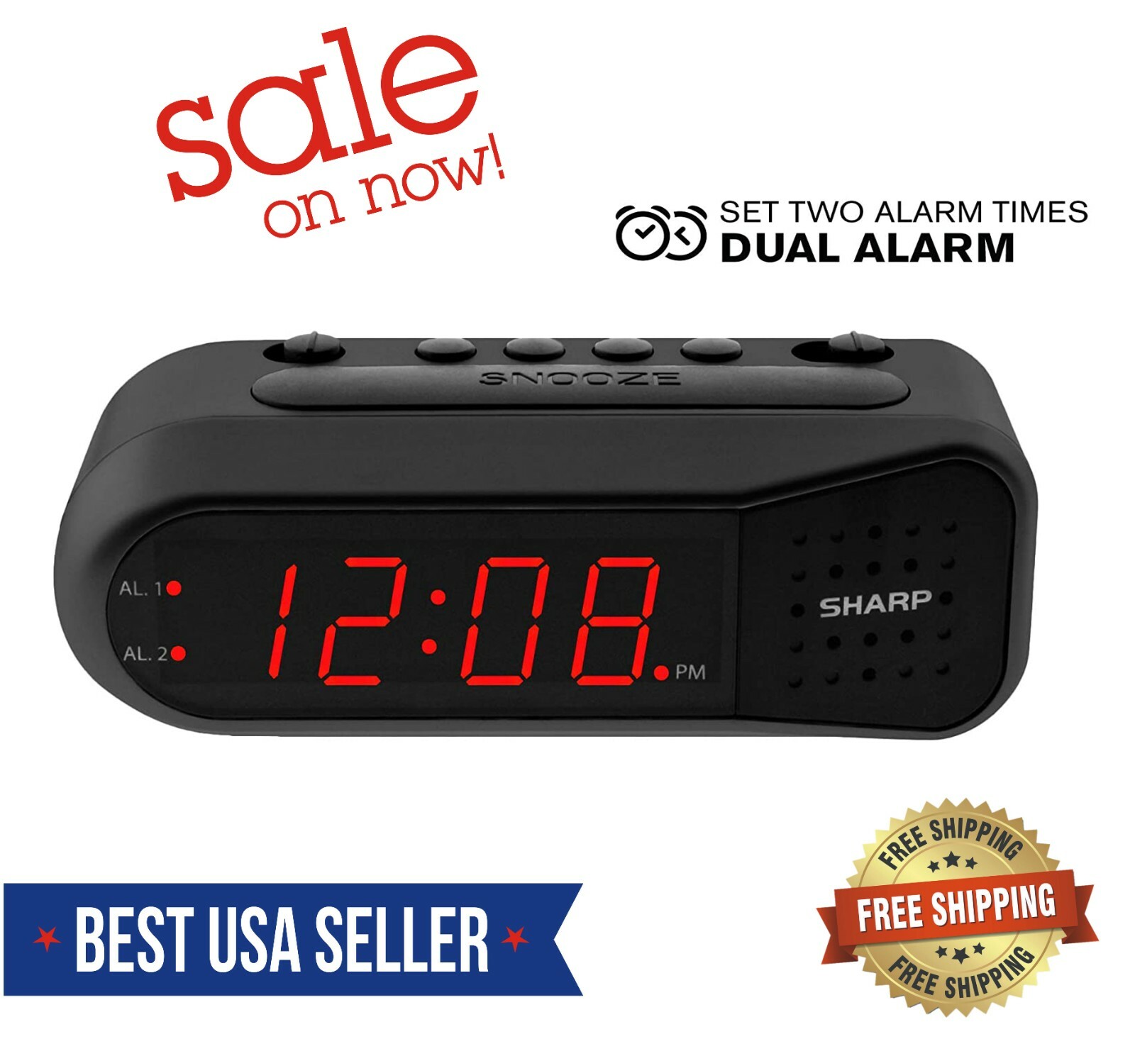 Sharp Electric Digital Dual Alarm Clock Battery Backup LED Large