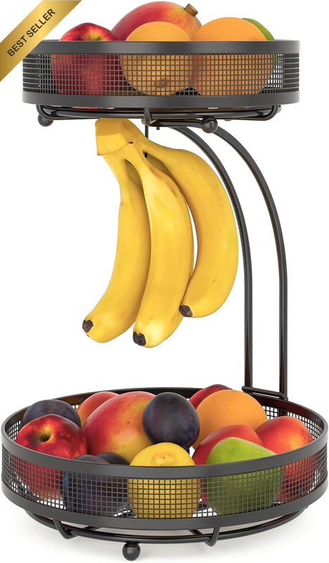 2 Tier round Fruit Basket Stand with Banana Hook, Carbon Steel Kitchen Counterto