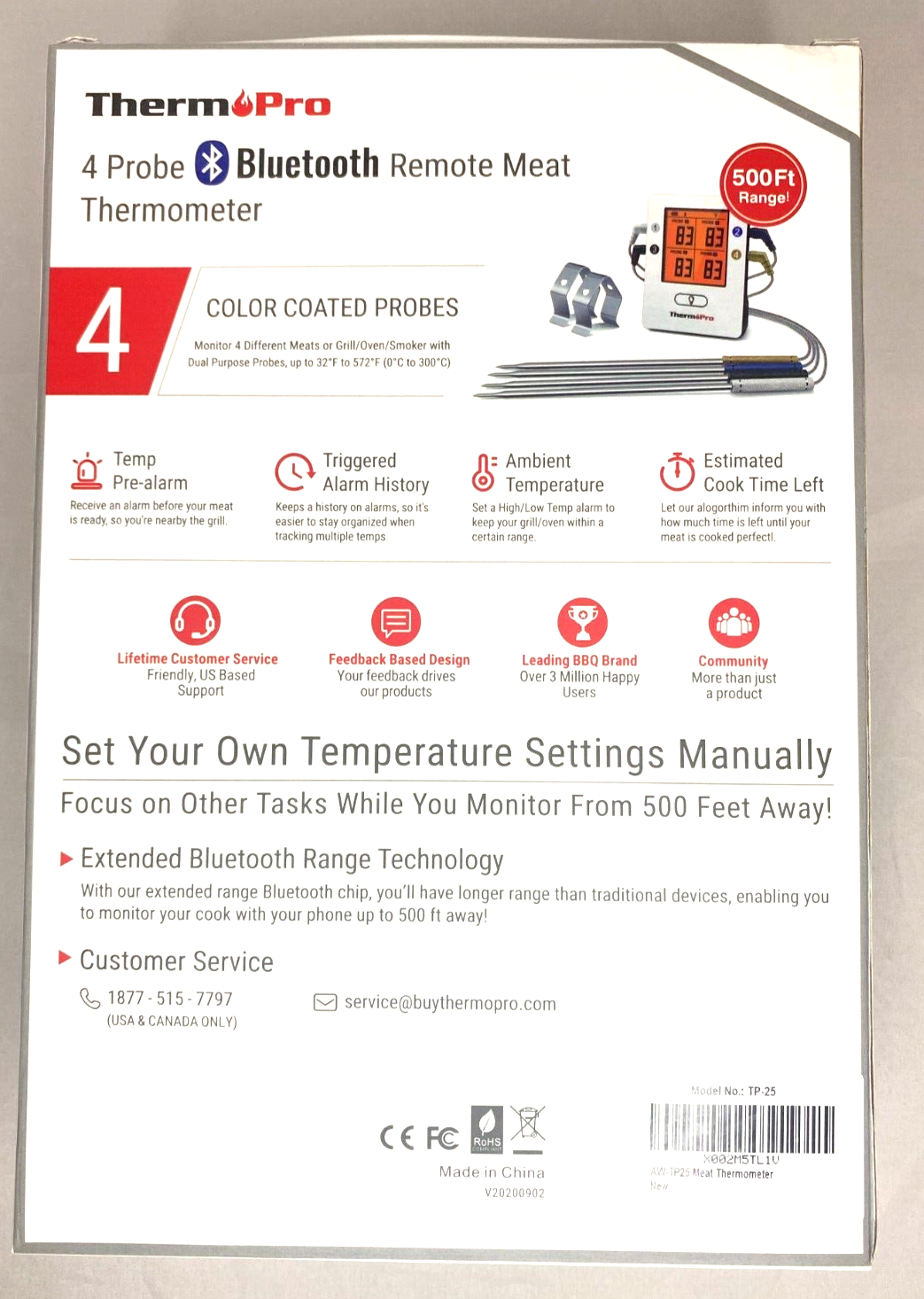 ThermoPro TP25 500ft Wireless Bluetooth Meat Thermometer 4 Probes Rechargeable