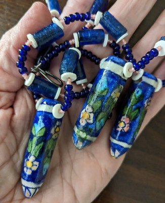 Hand-strung Blue Ceramic Necklace w/ Hand-painted Floral Pendants from India