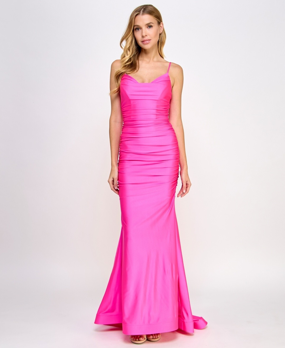 B. Darlin Satin Ruched Evening Dress Juniors 13/14 Neon Pink Cowl Neck Back Zip - Picture 1 of 15