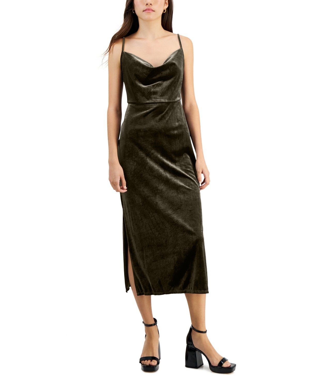 Taylor Petite Cowl-Neck Sleeveless Midi Velvet Dress Women's 8P Olive Back Zip~ - Picture 1 of 16