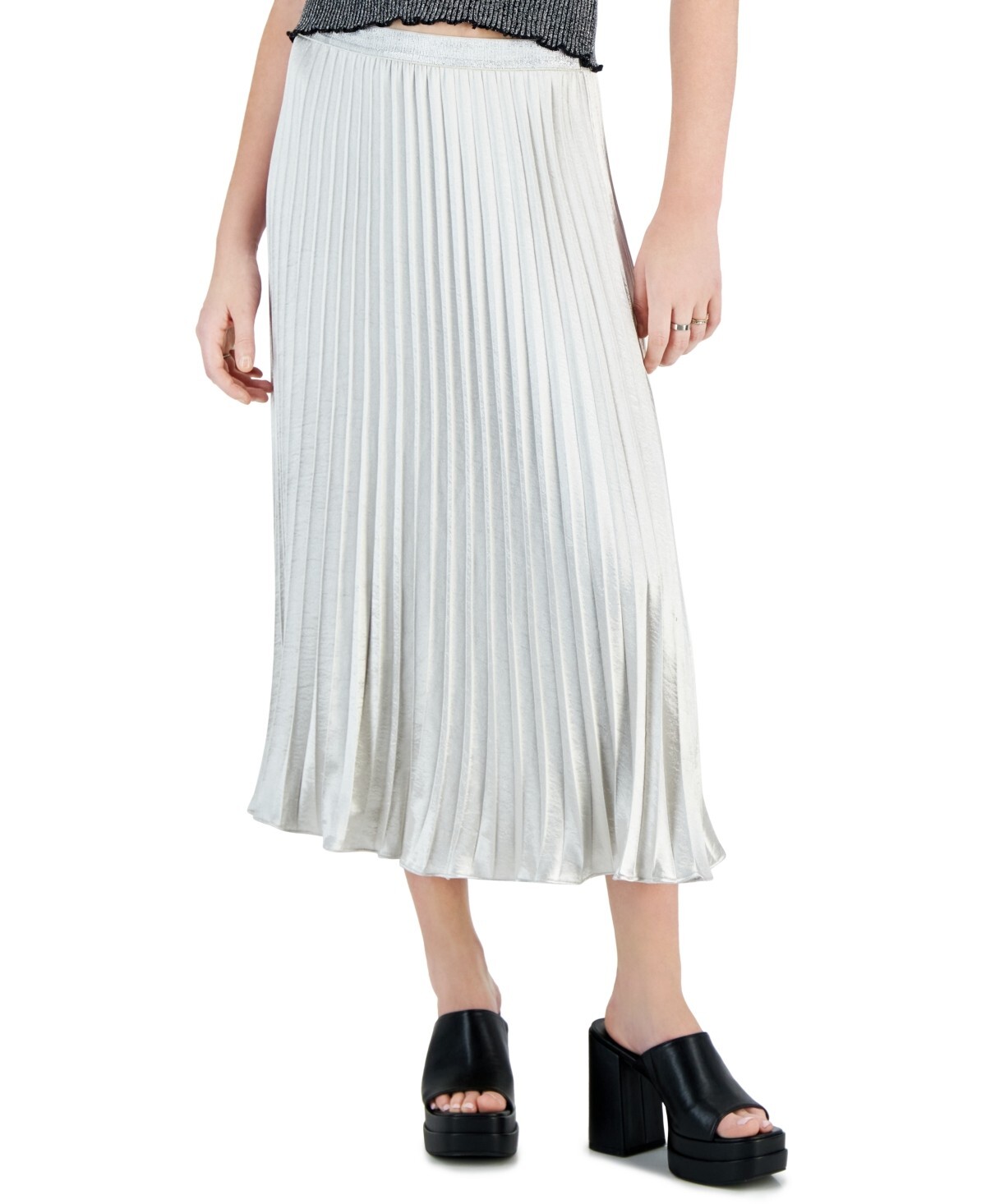 Lucy Paris Rose Metallic Pleated Midi Skirt Women's Medium Pewter Elastic Waist - Picture 1 of 15