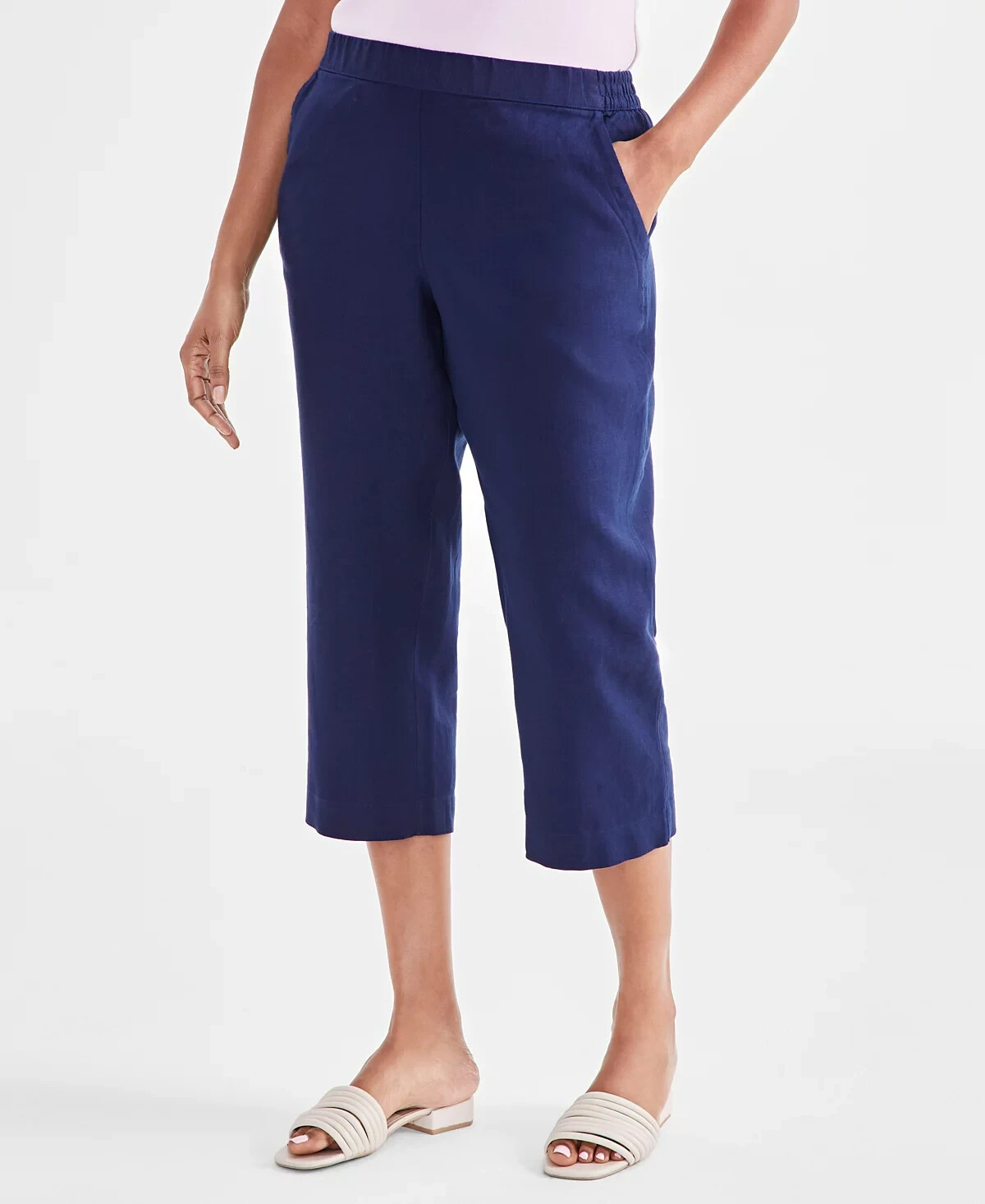 Charter Club Linen Solid Cropped Pull-On Pants Women's M Intrepid Blue Solid - Picture 1 of 17