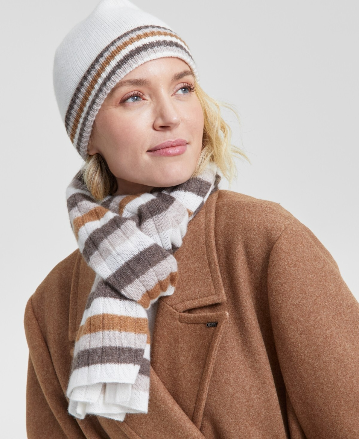 Charter Club Cashmere Stripe Cuffed Beanie Women's One Size Warm Praline - Picture 1 of 14
