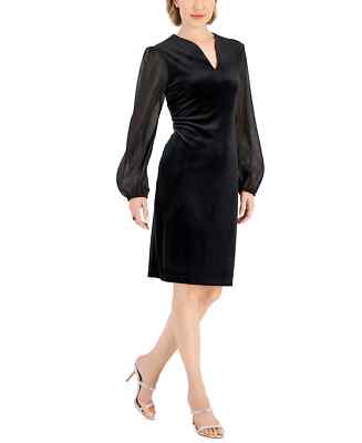 CONNECTED Velvet Dress Size 8 Black V-Neck Ruched Sheath Long Sheer Sleeve NWT
