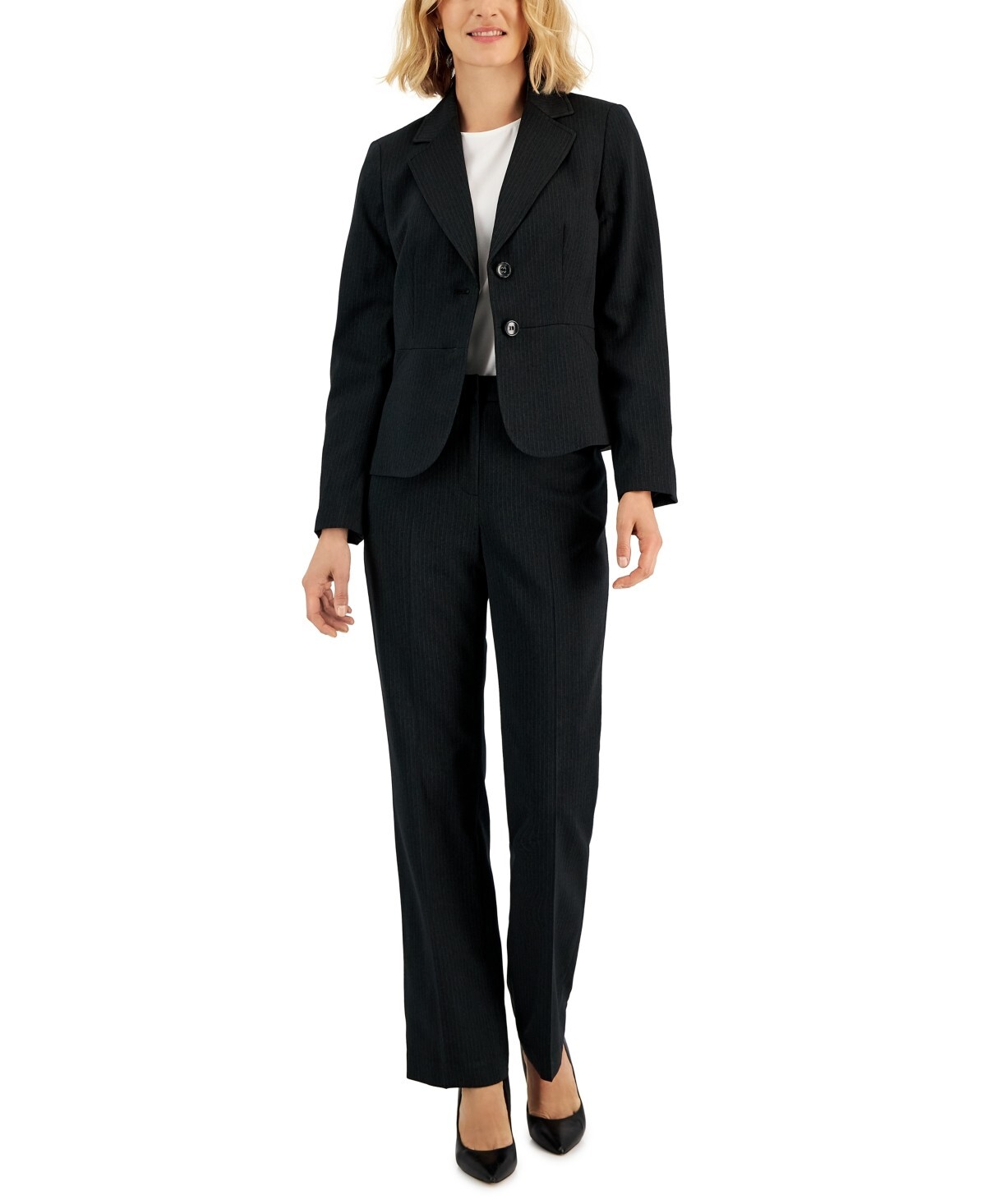 Le Suit Petite Two-Button Pinstriped Pantsuit Women's 10P Black Single Breasted - Picture 1 of 18