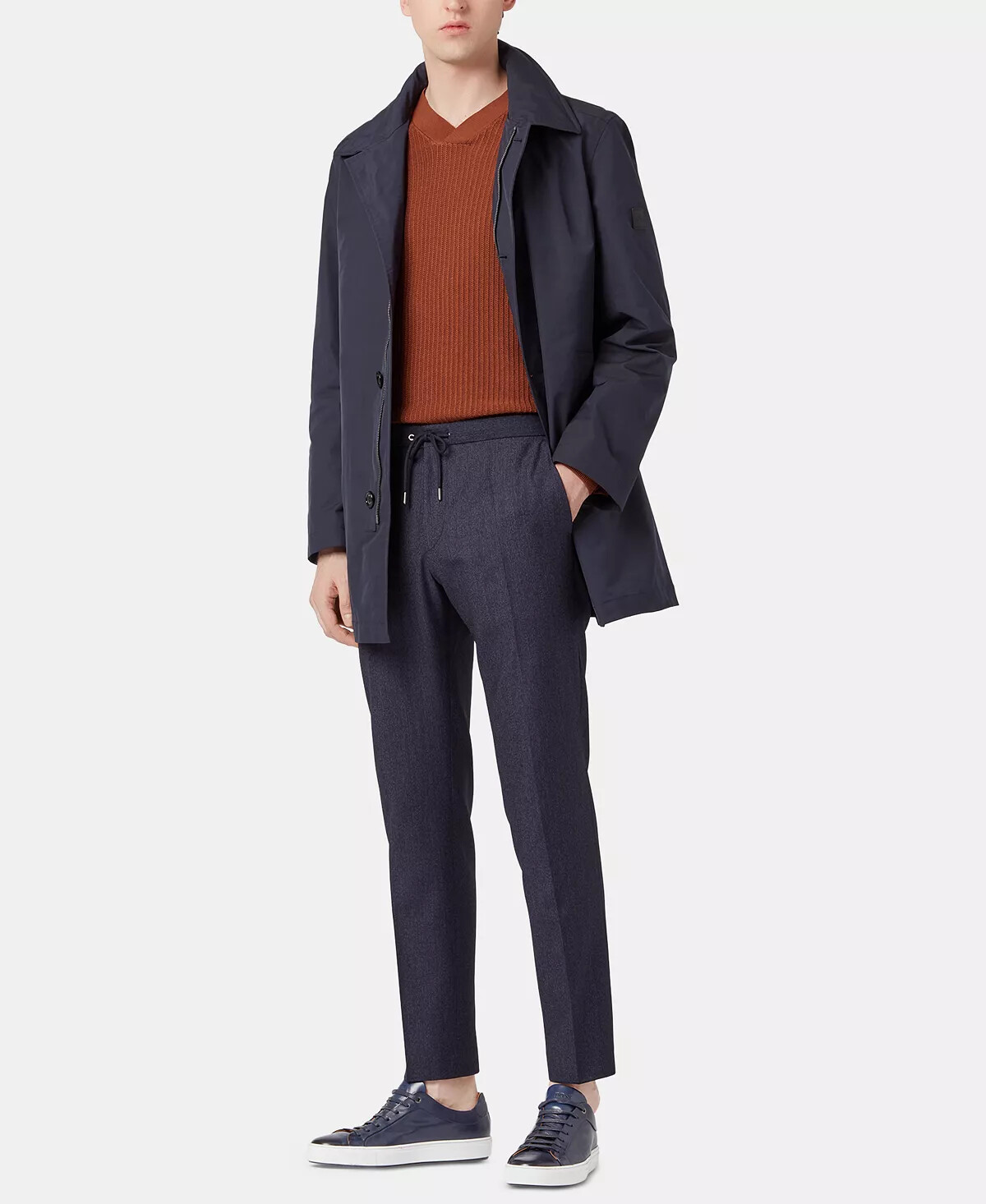 Pre-owned Hugo Boss Men's Lightweight Lined Water Wind Resistant Hidden Hood Trench Coat In Blue