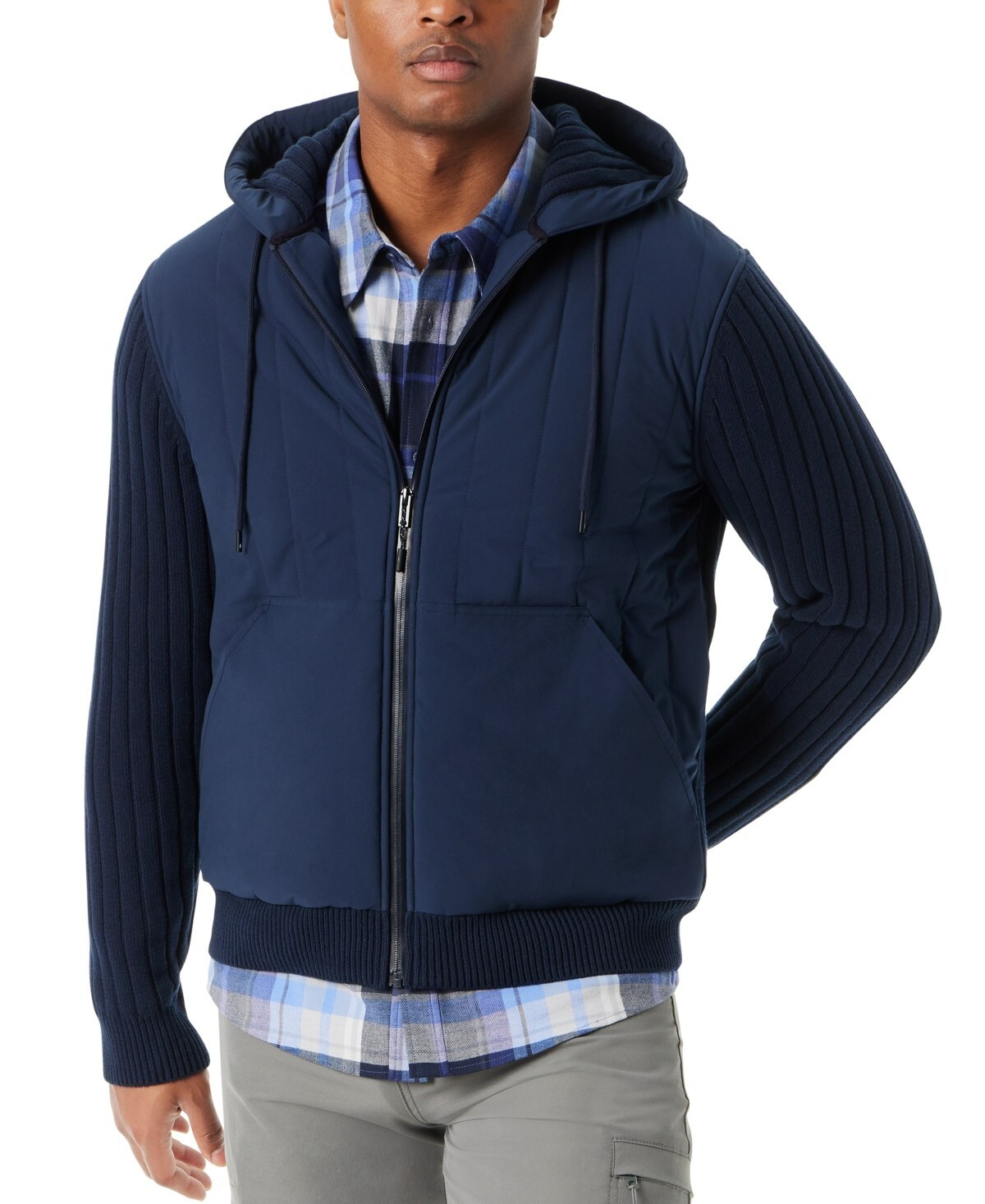 BASS OUTDOOR Mixed Media Zip-Front Hooded Sweater Jacket Men's M Navy Blaze L/S - Picture 1 of 17