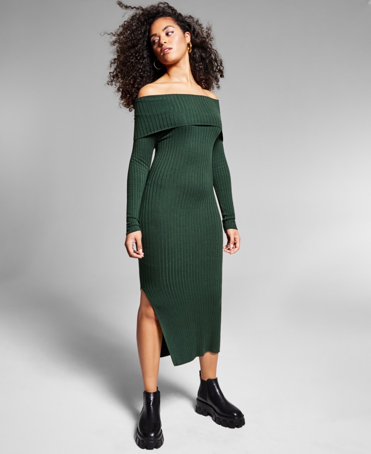 $100 Jeannie Mai X Janelle Ribbed Off Shoulder Bodycon Midi Dress Green  Large | eBay