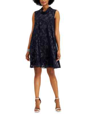CONNECTED Shift Dress Navy Blue Jacquard Size 12 Roll Collar Metallic Floral NWT