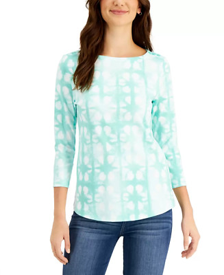 Charter Club Womens Size XS Printed Boat-Neck Top Porcelain Green Combo 1715