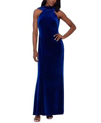 Betsy & Adam Women's High-Neck Sleeveless Velvet Gown - Sapphire