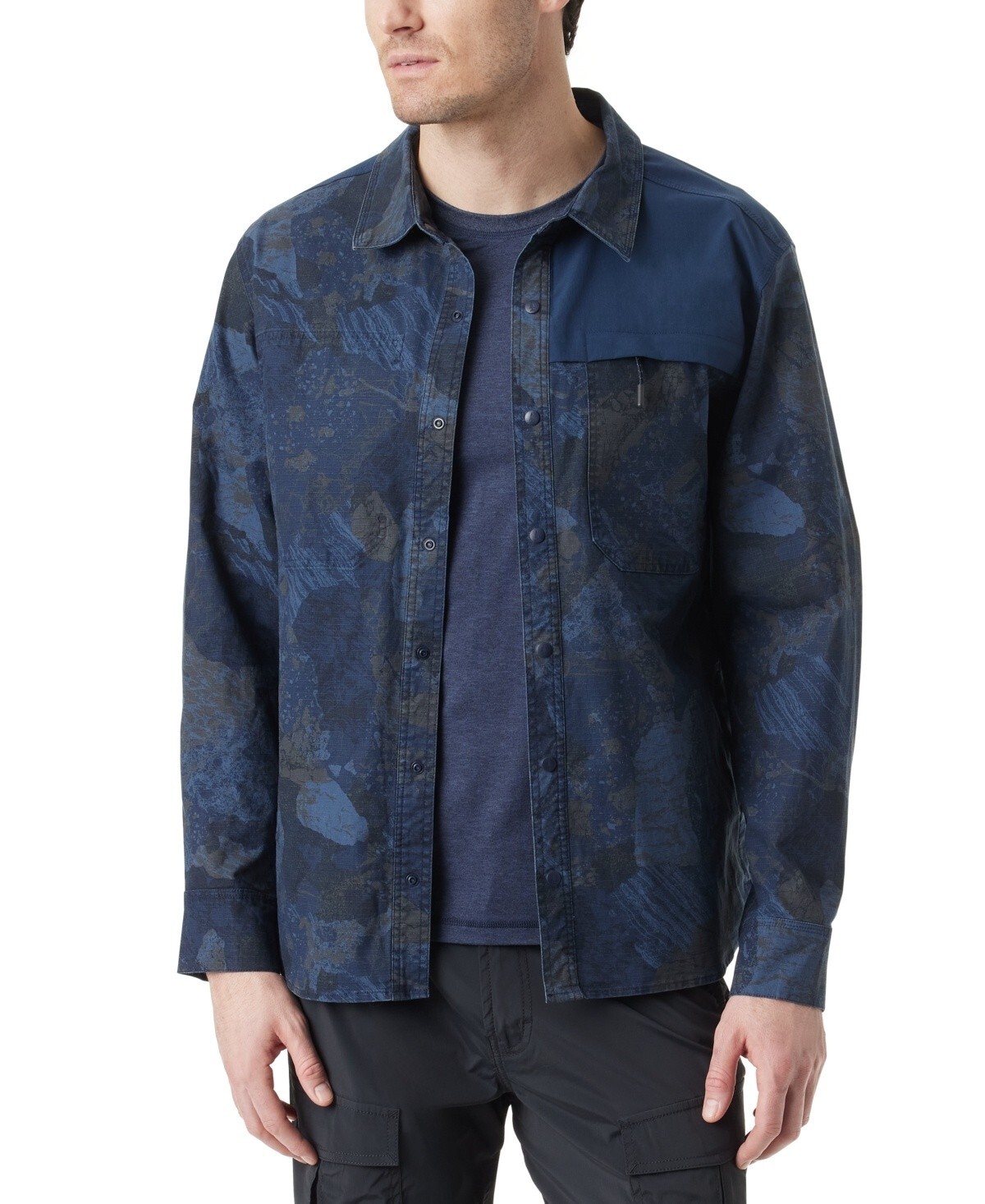 Bass Outdoor Ripstop Utility Shacket Men's S Navy Blazer Rock Camo Snap Closure - Picture 1 of 19