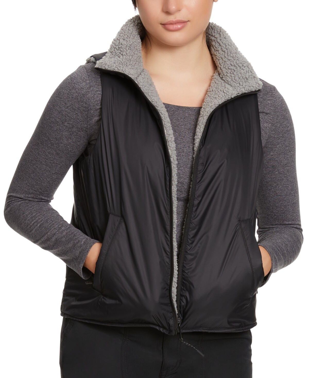 BASS OUTDOOR Reversible Zip-Front Vest Women's L Gray/Black Pockets Sleeveless