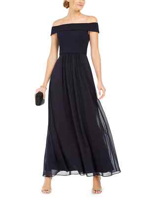 ADRIANNA PAPELL Chiffon Gown Size 18 Navy Blue Off The Shoulder NWT $129